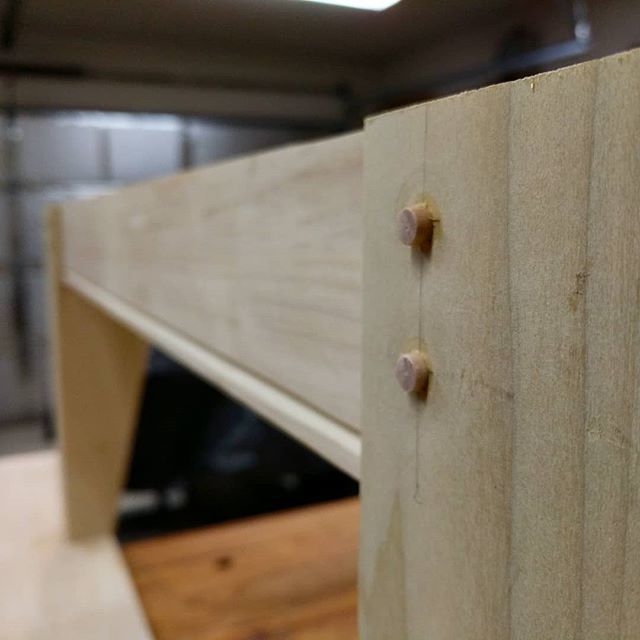 After the glue set in the mortise and tenon joints, I pinned them all in with double Miller dowels. I got turned onto these little things by Tom Fidgen – they are like little wood nails and use this special tapered bit…..millerbits woodworking poplar coffeetable