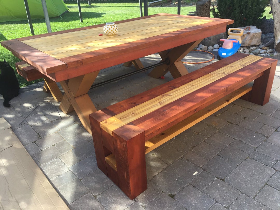 First woodworking project Cedar table and benches. Im hooked