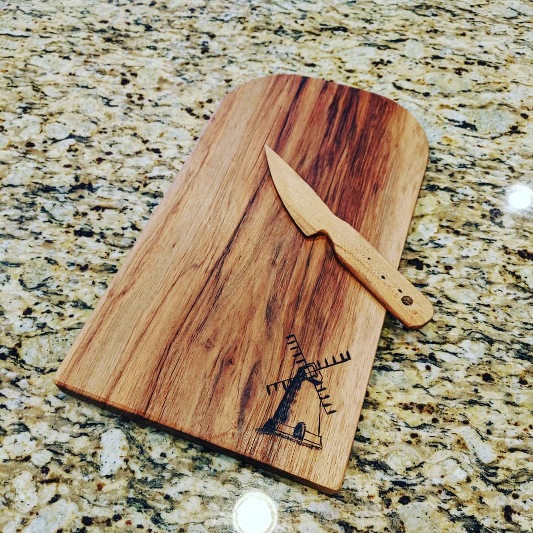 The wife said she needed a new cutting board. A slab of hickory and a wood burning of a Dutch windm…