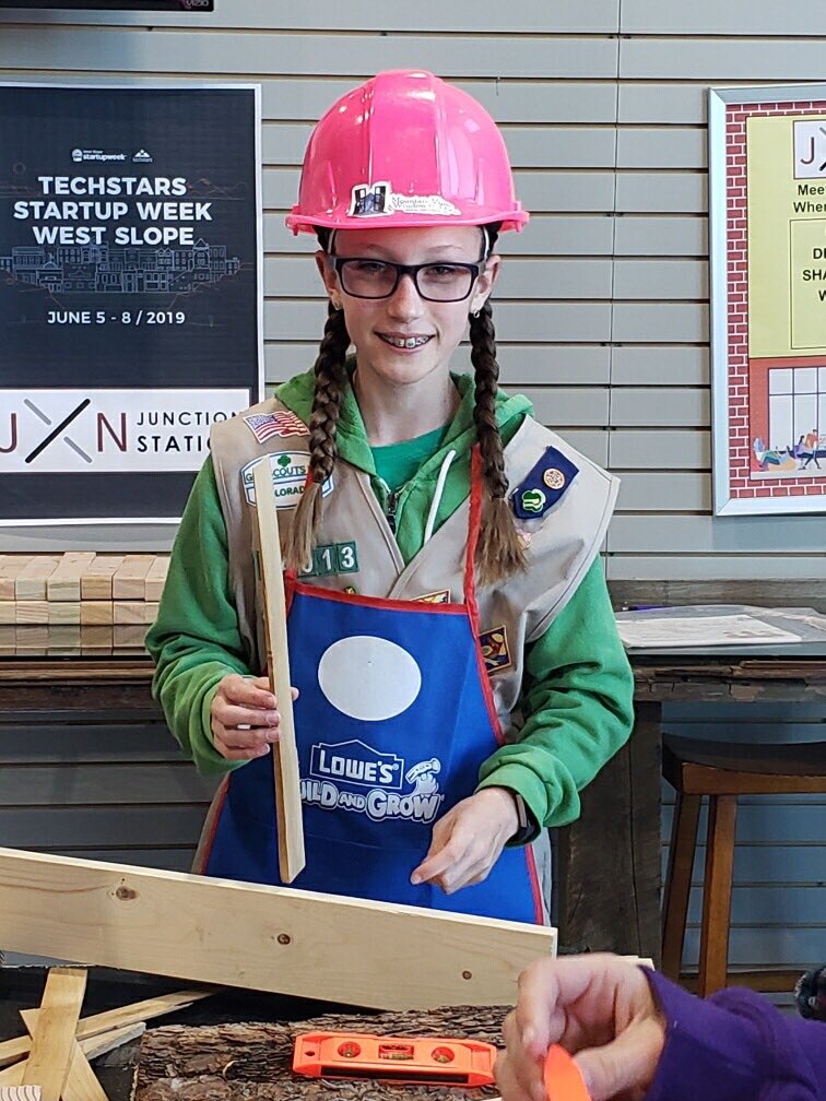 35 GirlScout Juniors and Cadettes are learning woodworking skills today as they build a candy dispenser at a special event with Professional Women in Building HBA of Western Colorado. GSColo