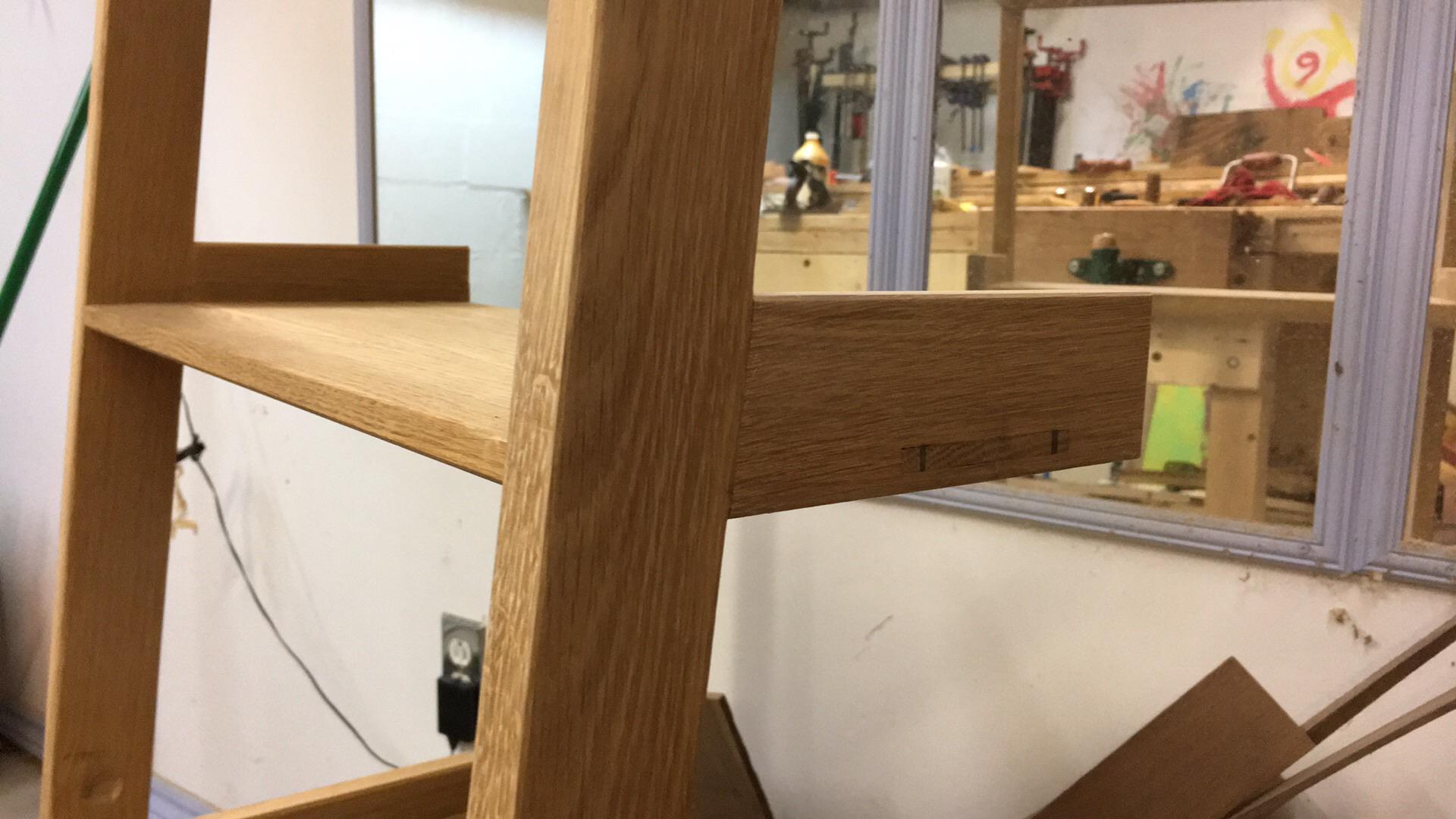 Whiteoak shelf unit. Wedged mortise and tenons. Unplugged work.